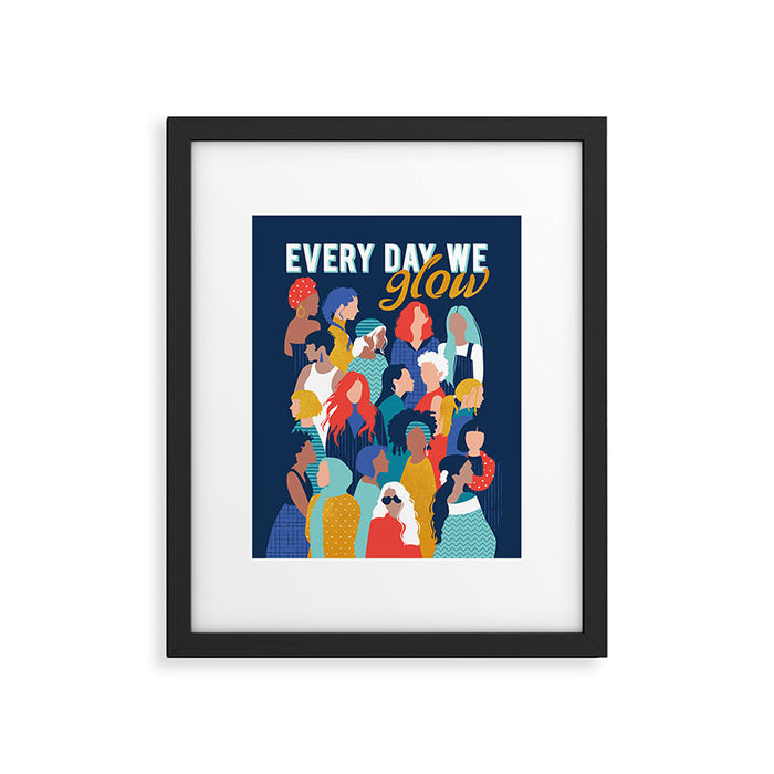 Every day we glow International Women's Day // midnight navy blue background teal, mint, electric blue neon orange red and gold humans  Framed Art Print Gallery Image 1