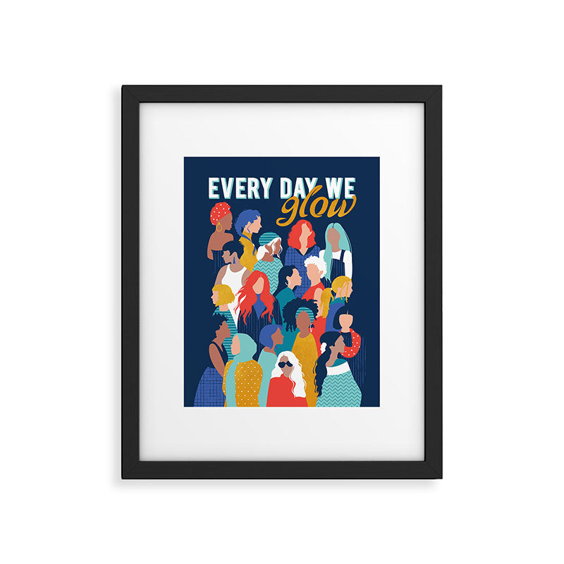 Every day we glow International Women's Day // midnight navy blue background teal, mint, electric blue neon orange red and gold humans  Framed Art Print Gallery Image 5