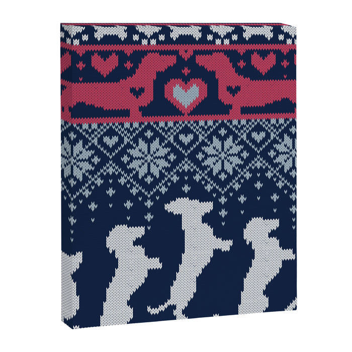Fair Isle Knitting Doxie Love // navy blue background white and red dachshunds dogs bones paws and hearts Canvas Print Gallery Image 1
