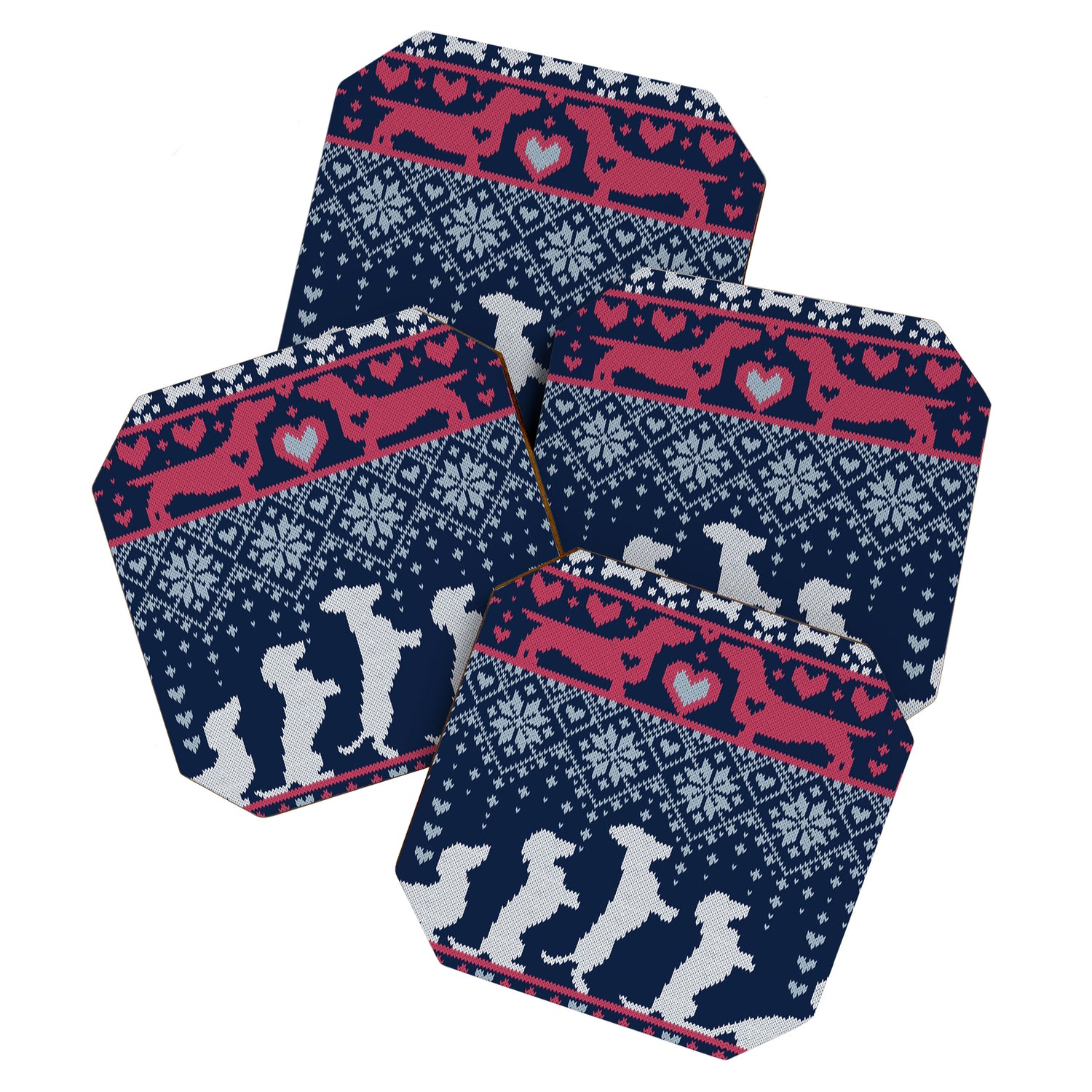 Fair Isle Knitting Doxie Love // navy blue background white and red dachshunds dogs bones paws and hearts Coaster Gallery Image 1