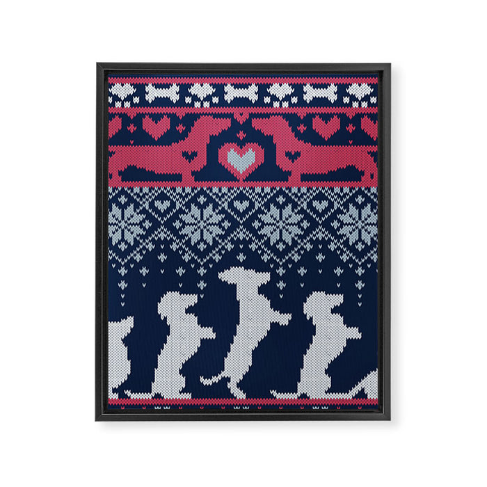 Fair Isle Knitting Doxie Love // navy blue background white and red dachshunds dogs bones paws and hearts Framed Canvas Print Gallery Image 1