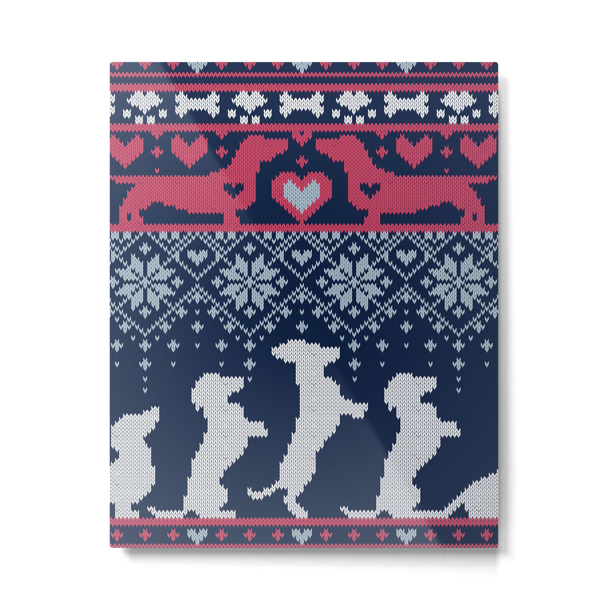 Fair Isle Knitting Doxie Love // navy blue background white and red dachshunds dogs bones paws and hearts Metal Print Gallery Image 6