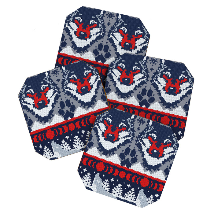 Fair isle knitting grey wolf // navy blue and grey wolves red moons and pine trees Coaster Gallery Image 1