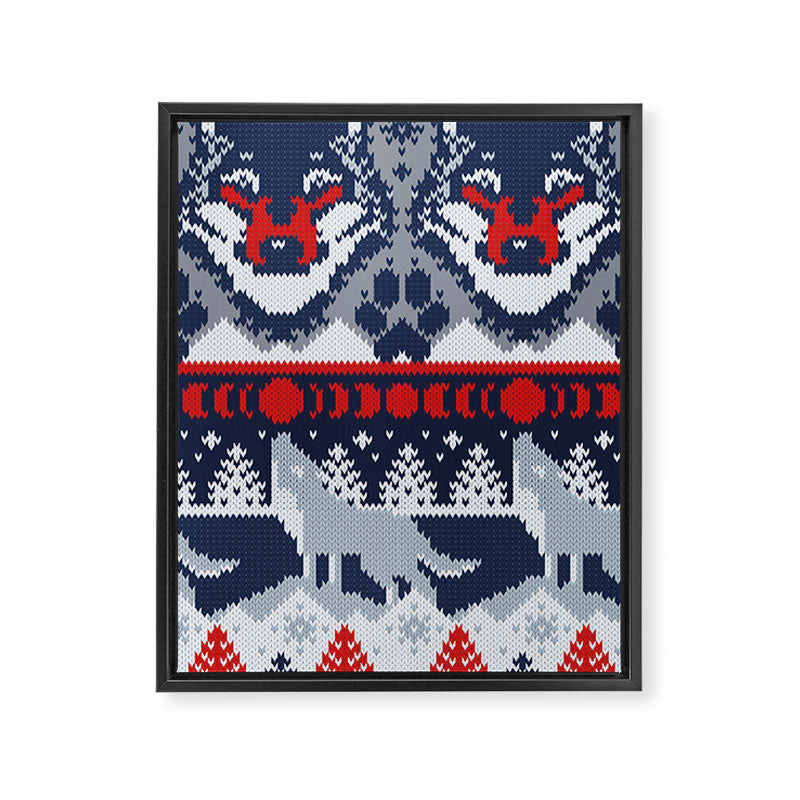 Fair isle knitting grey wolf // navy blue and grey wolves red moons and pine trees Framed Canvas Print Gallery Image 6