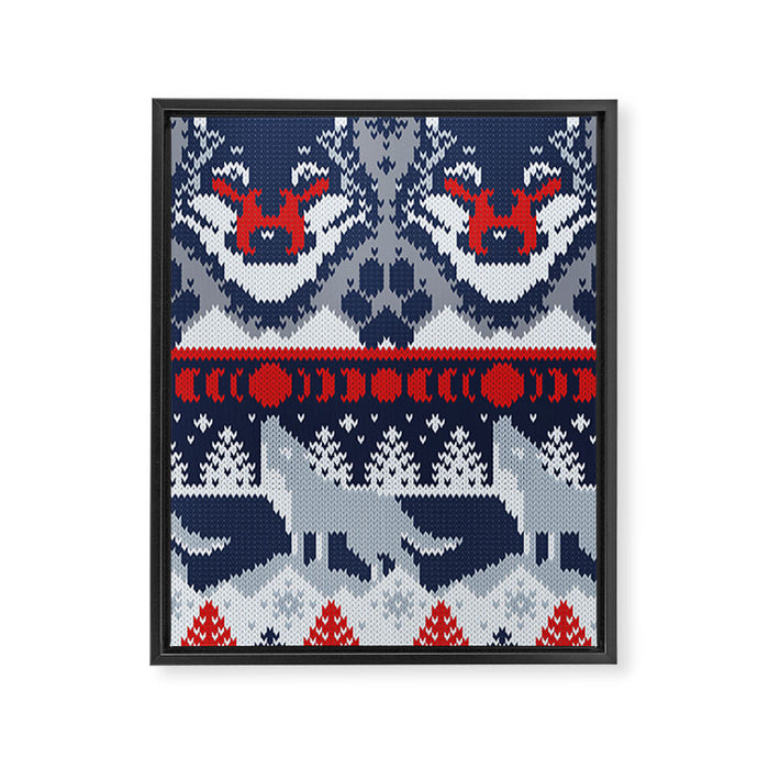 Fair isle knitting grey wolf // navy blue and grey wolves red moons and pine trees Framed Canvas Print Gallery Image 1