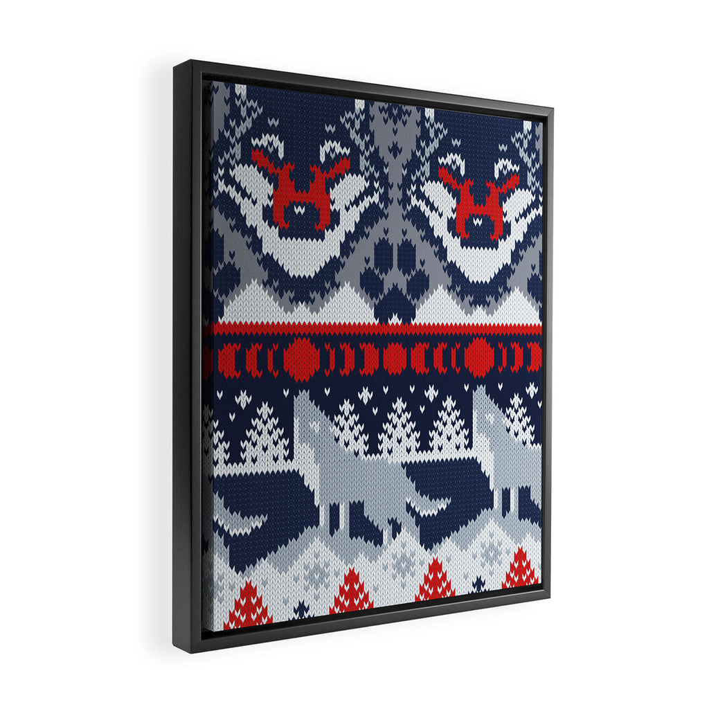 Fair isle knitting grey wolf // navy blue and grey wolves red moons and pine trees Framed Canvas Print Gallery Image 2