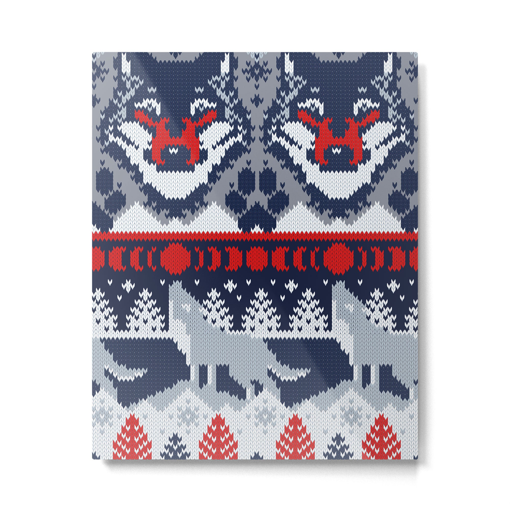 Fair isle knitting grey wolf // navy blue and grey wolves red moons and pine trees Metal Print Gallery Image 4