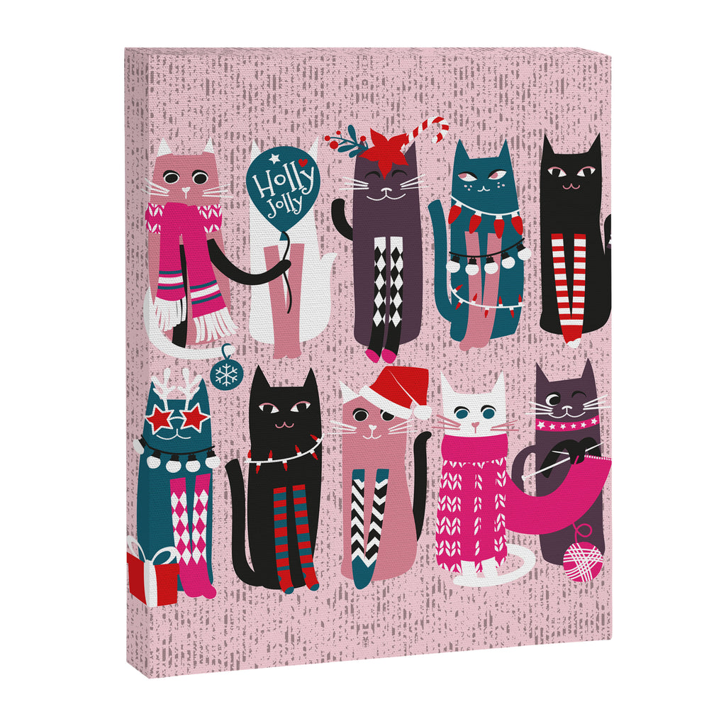Feline Christmas vibes // pastel pink background green fuchsia pink white and black kittens Canvas Print Gallery Image 8
