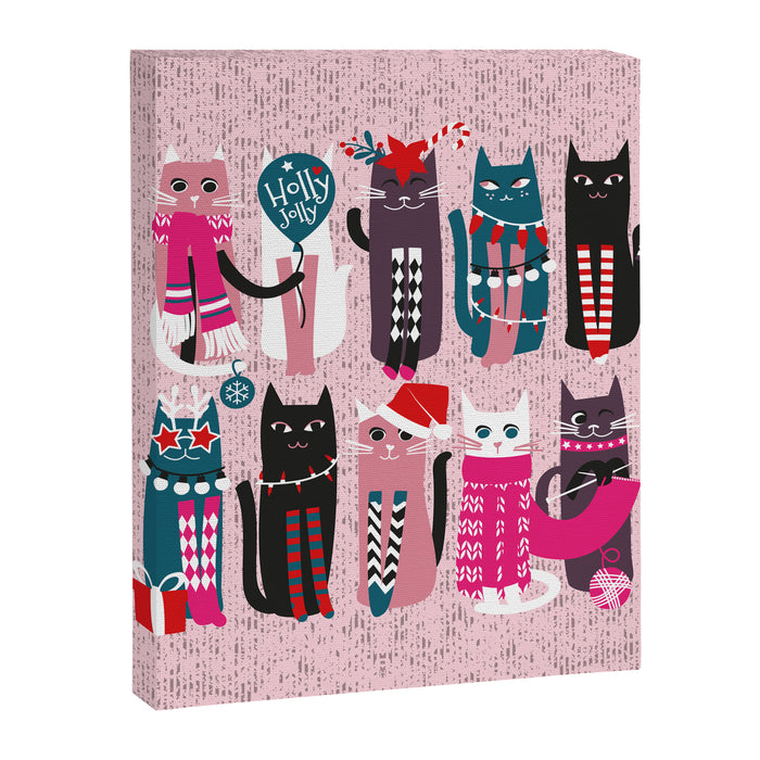 Feline Christmas vibes // pastel pink background green fuchsia pink white and black kittens Canvas Print Gallery Image 1
