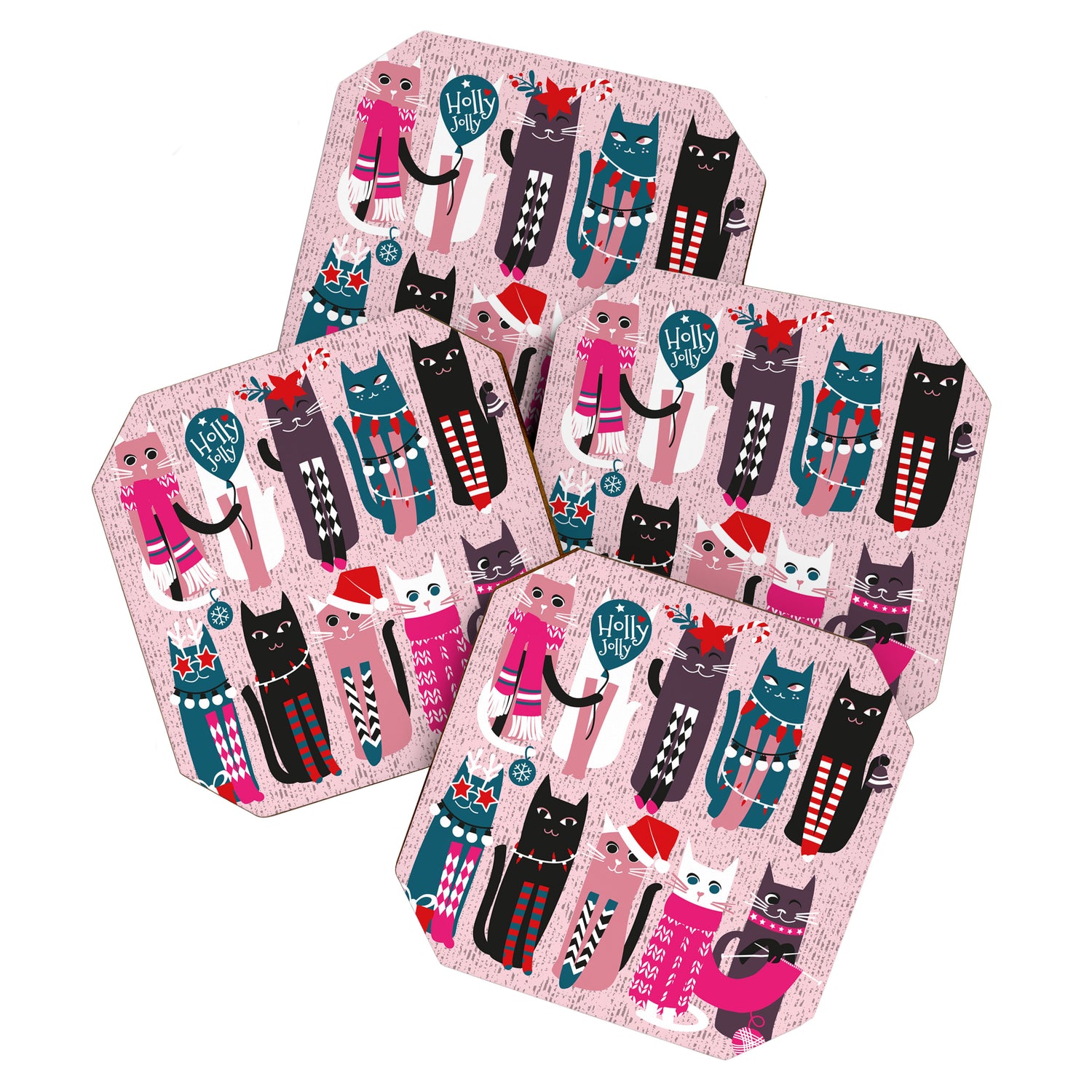 Feline Christmas vibes // pastel pink background green fuchsia pink white and black kittens Coaster Gallery Image 1