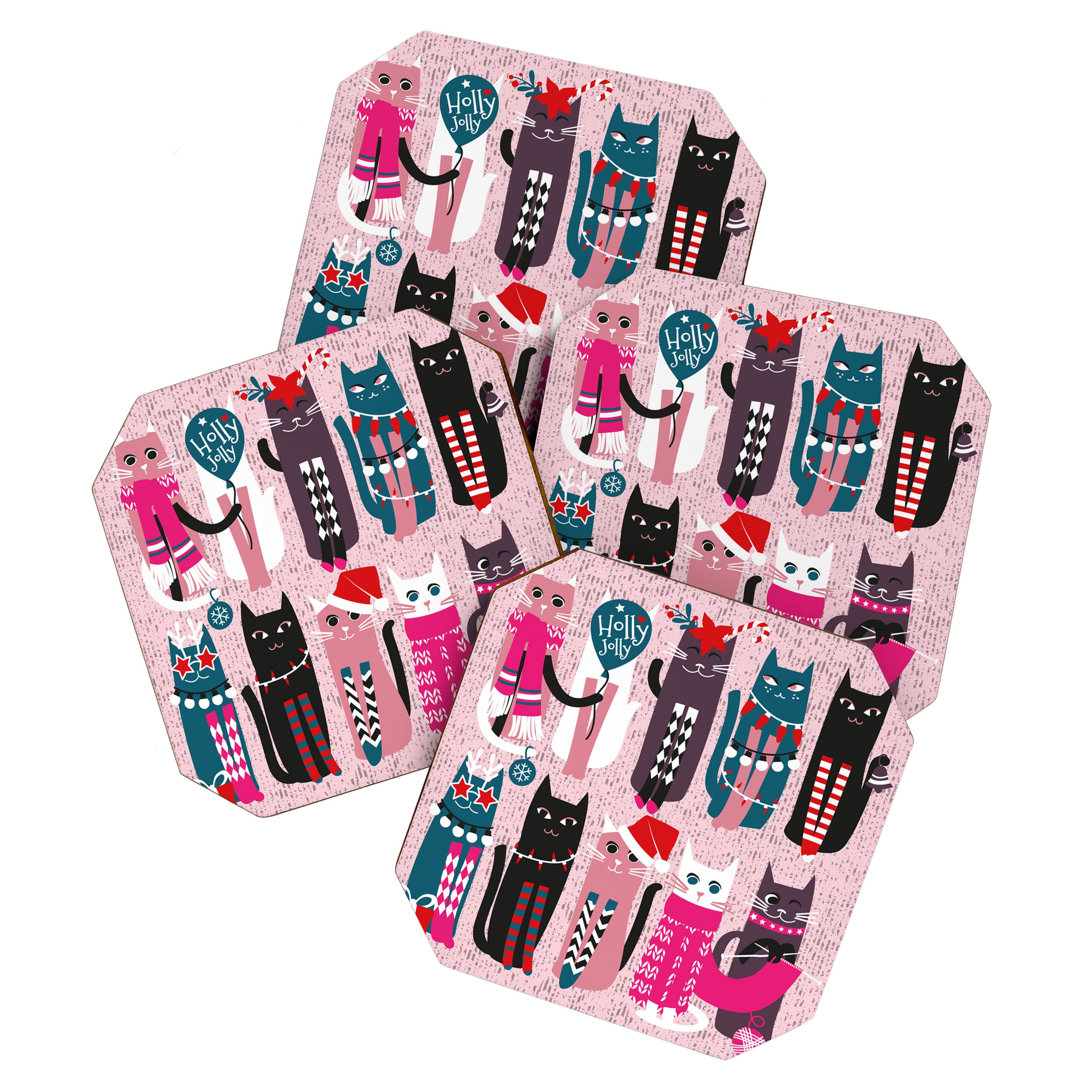 Feline Christmas vibes // pastel pink background green fuchsia pink white and black kittens Coaster Gallery Image 1