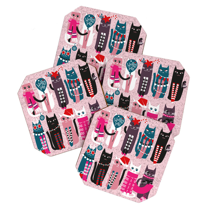 Feline Christmas vibes // pastel pink background green fuchsia pink white and black kittens Coaster Gallery Image 1