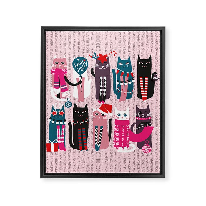Feline Christmas vibes // pastel pink background green fuchsia pink white and black kittens Framed Canvas Print Gallery Image 1