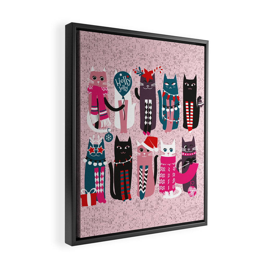 Feline Christmas vibes // pastel pink background green fuchsia pink white and black kittens Framed Canvas Print Gallery Image 2