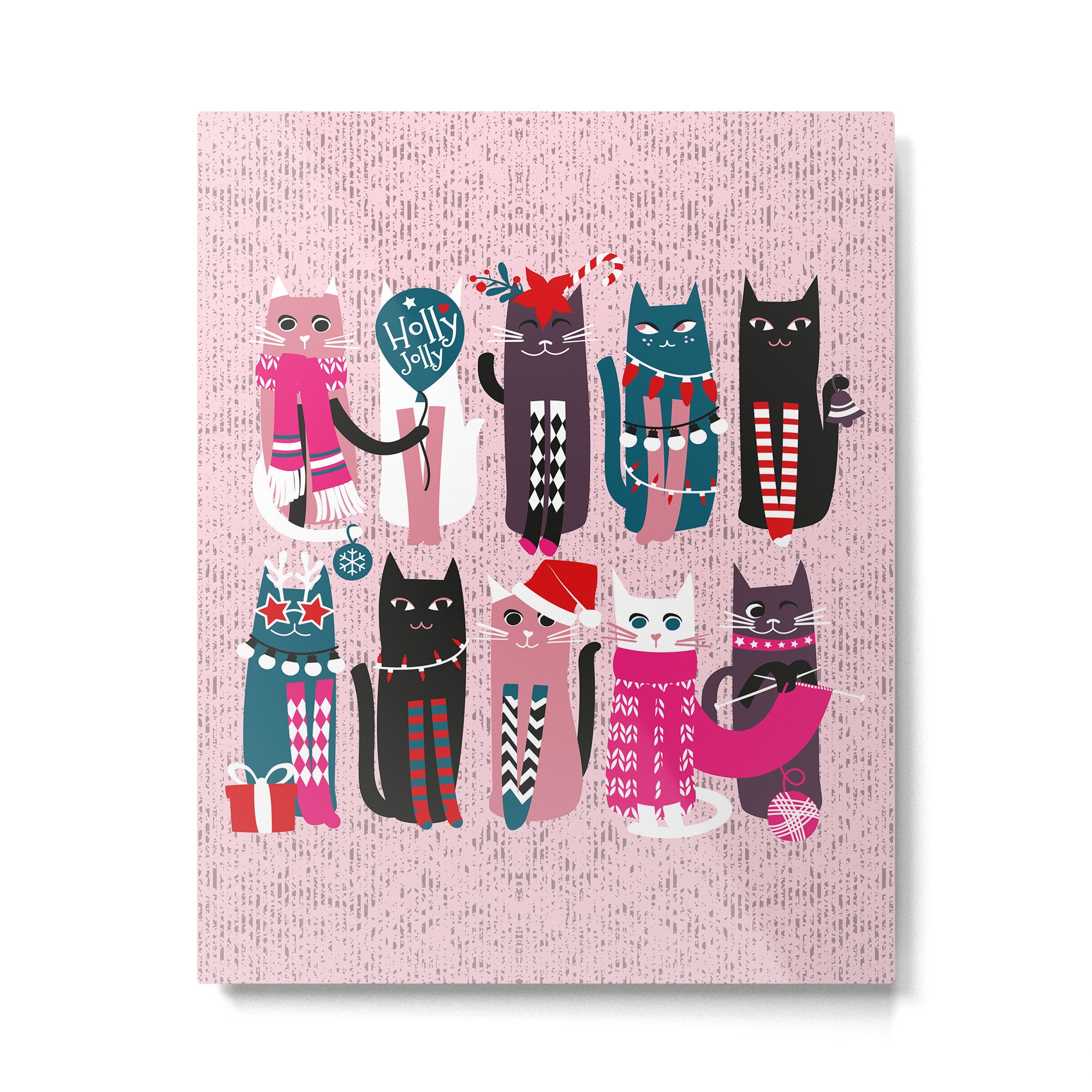 Feline Christmas vibes // pastel pink background green fuchsia pink white and black kittens Metal Print Gallery Image 6