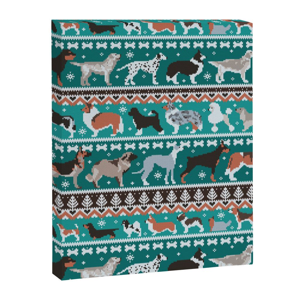 Fluffy and bright fair isle knitting doggie friends // pine and java green background brown orange white and grey dog breeds  Canvas Print Gallery Image 6