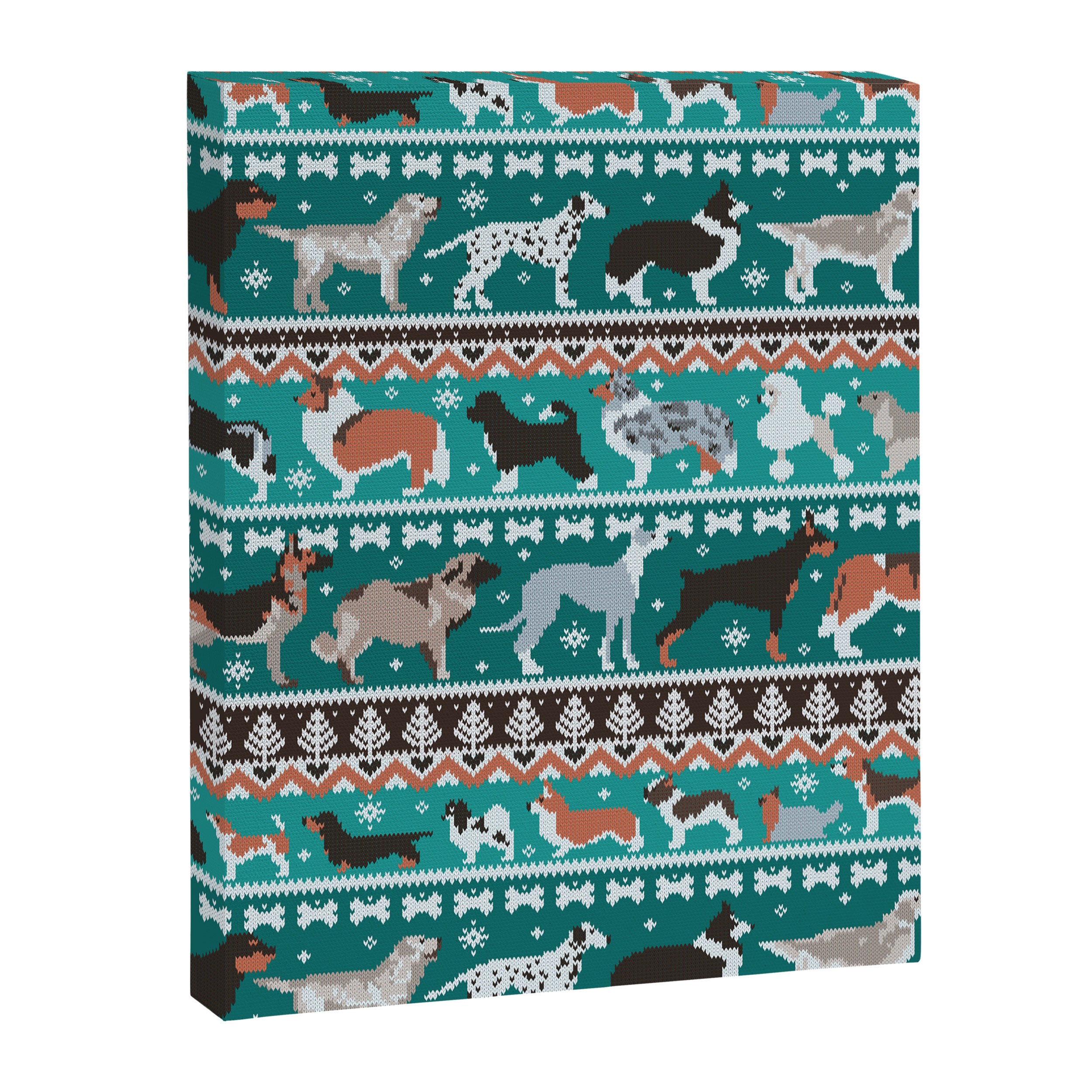 Fluffy and bright fair isle knitting doggie friends // pine and java green background brown orange white and grey dog breeds  Canvas Print Gallery Image 6