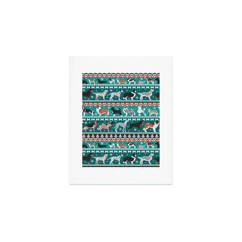Fluffy and bright fair isle knitting doggie friends // pine and java green background brown orange white and grey dog breeds  Art Print Gallery Image 1