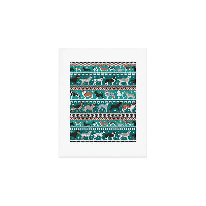 Fluffy and bright fair isle knitting doggie friends // pine and java green background brown orange white and grey dog breeds  Art Print Gallery Image 1