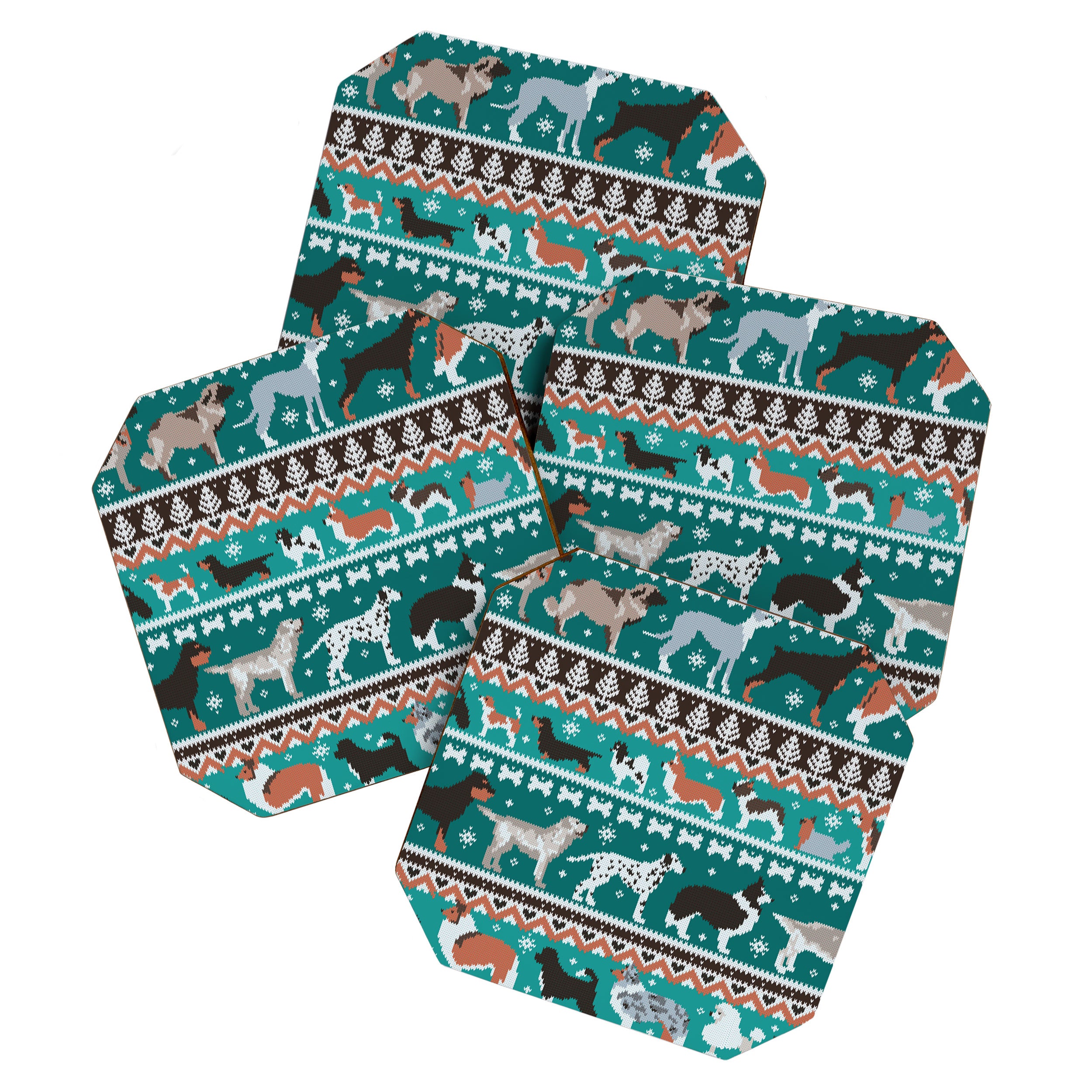 Fluffy and bright fair isle knitting doggie friends // pine and java green background brown orange white and grey dog breeds  Coaster Gallery Image 1