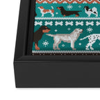 Fluffy and bright fair isle knitting doggie friends // pine and java green background brown orange white and grey dog breeds  Framed Canvas Print Gallery Image 3