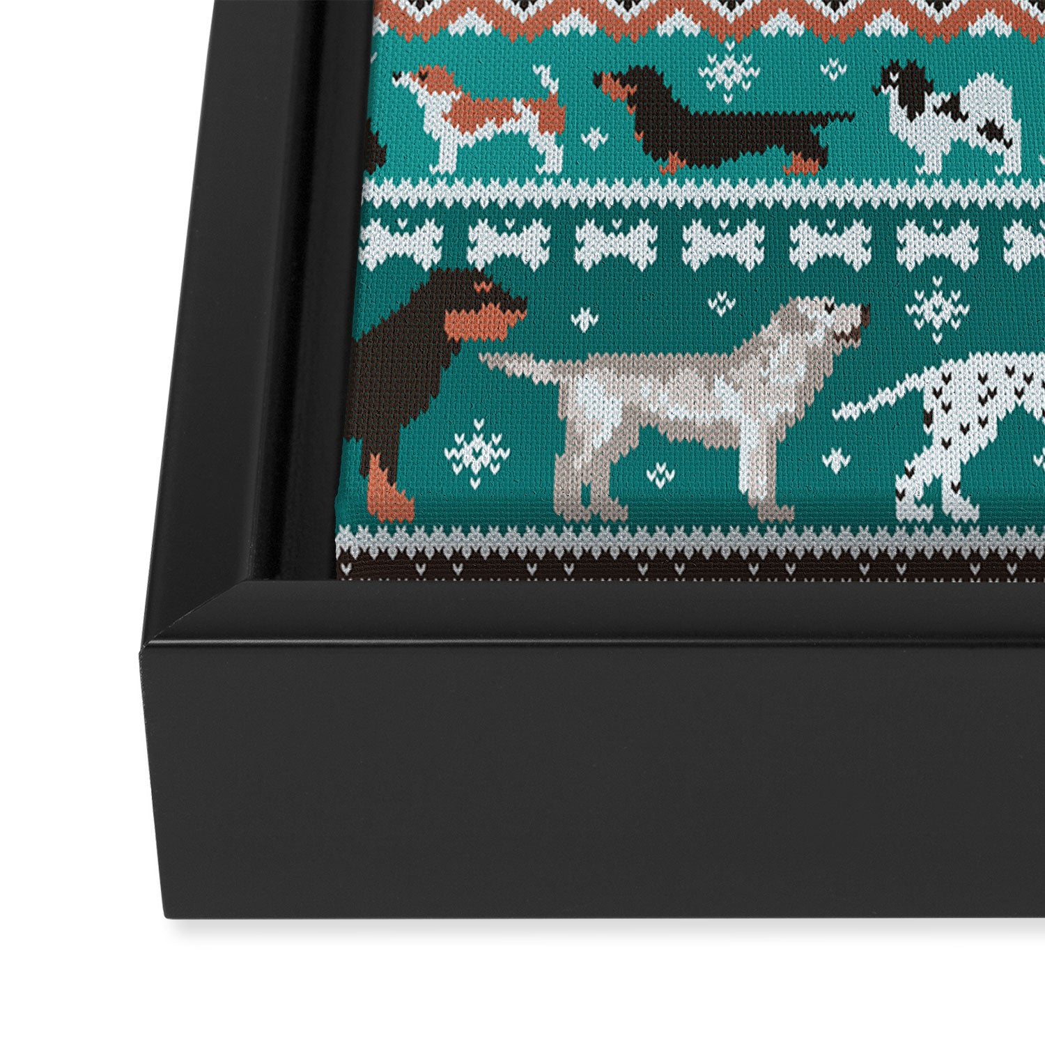 Fluffy and bright fair isle knitting doggie friends // pine and java green background brown orange white and grey dog breeds  Framed Canvas Print Gallery Image 3