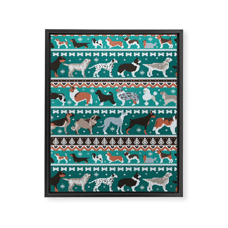 Fluffy and bright fair isle knitting doggie friends // pine and java green background brown orange white and grey dog breeds  Framed Canvas Print Gallery Image 6