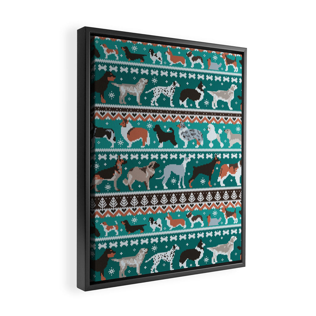 Fluffy and bright fair isle knitting doggie friends // pine and java green background brown orange white and grey dog breeds  Framed Canvas Print Gallery Image 2