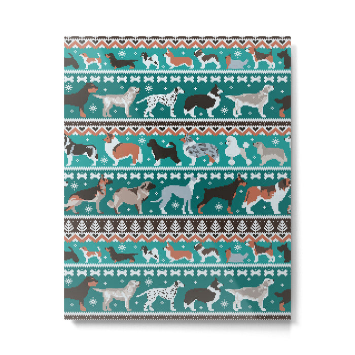 Fluffy and bright fair isle knitting doggie friends // pine and java green background brown orange white and grey dog breeds  Metal Print Gallery Image 1