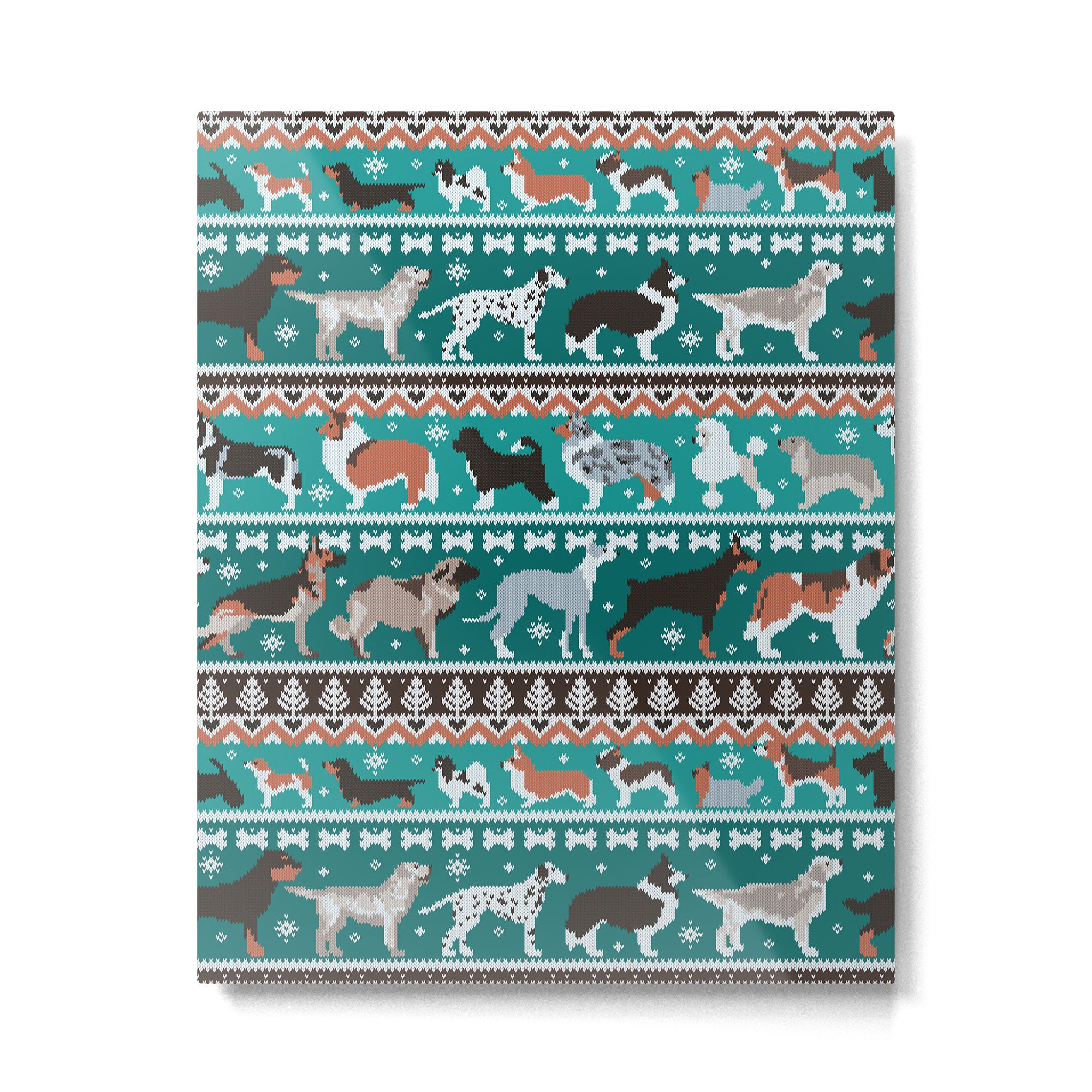 Fluffy and bright fair isle knitting doggie friends // pine and java green background brown orange white and grey dog breeds  Metal Print Gallery Image 4