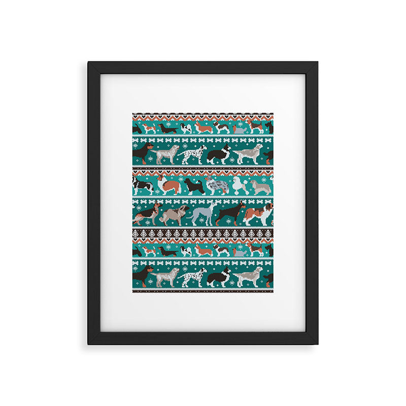 Fluffy and bright fair isle knitting doggie friends // pine and java green background brown orange white and grey dog breeds  Framed Art Print Gallery Image 5