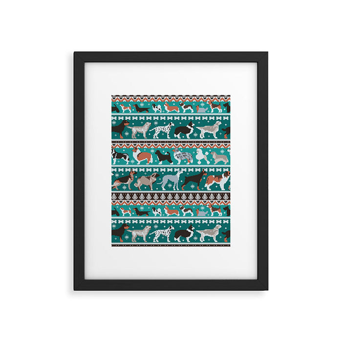 Fluffy and bright fair isle knitting doggie friends // pine and java green background brown orange white and grey dog breeds  Framed Art Print Gallery Image 1