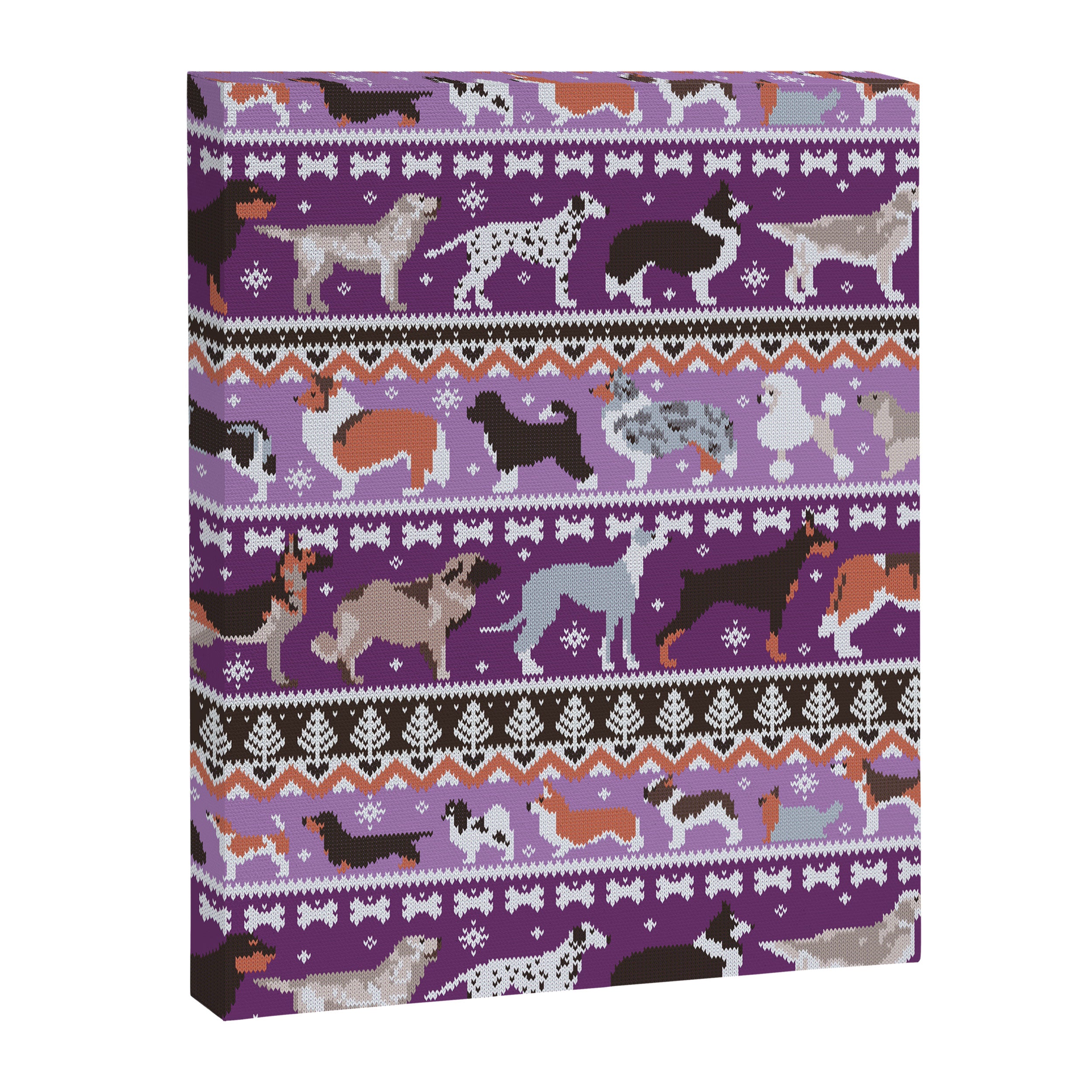 Fluffy and bright fair isle knitting doggie friends // seance purple and east side violet background brown orange white and grey dog breeds  Canvas Print Gallery Image 6