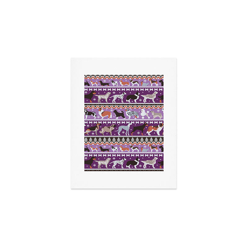 Fluffy and bright fair isle knitting doggie friends // seance purple and east side violet background brown orange white and grey dog breeds  Art Print Gallery Image 1