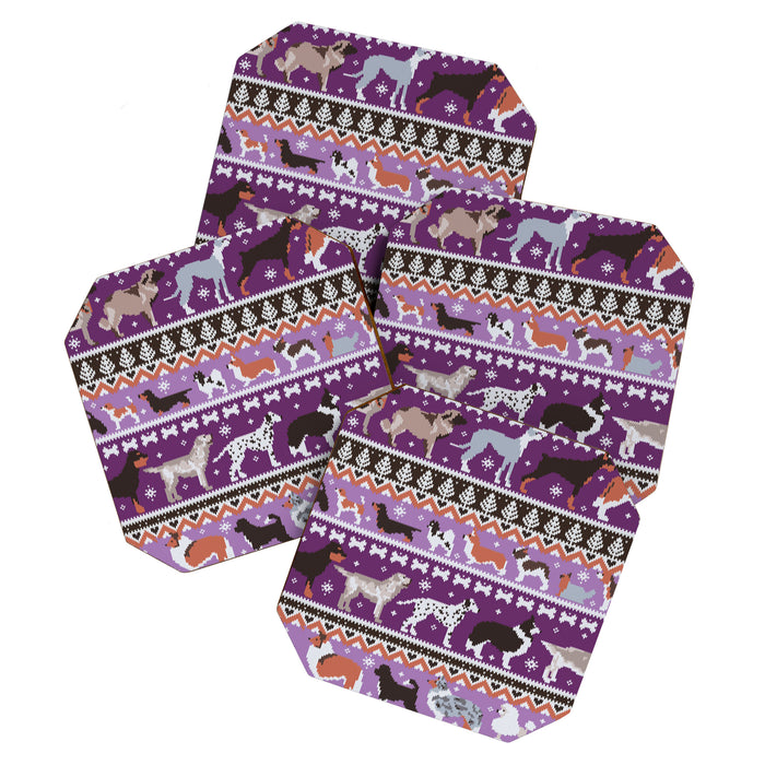 Fluffy and bright fair isle knitting doggie friends // seance purple and east side violet background brown orange white and grey dog breeds  Coaster Gallery Image 1