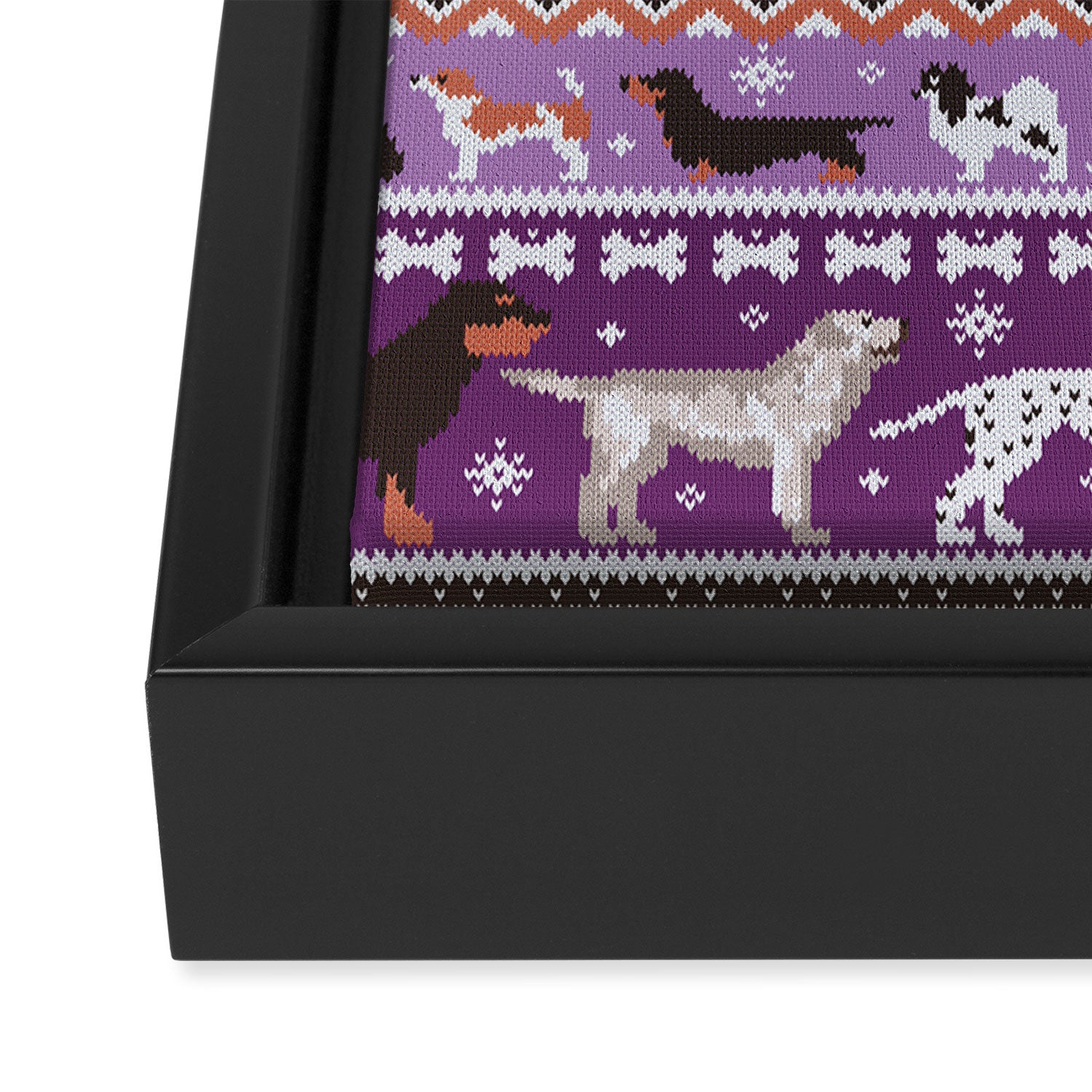 Fluffy and bright fair isle knitting doggie friends // seance purple and east side violet background brown orange white and grey dog breeds  Framed Canvas Print Gallery Image 3