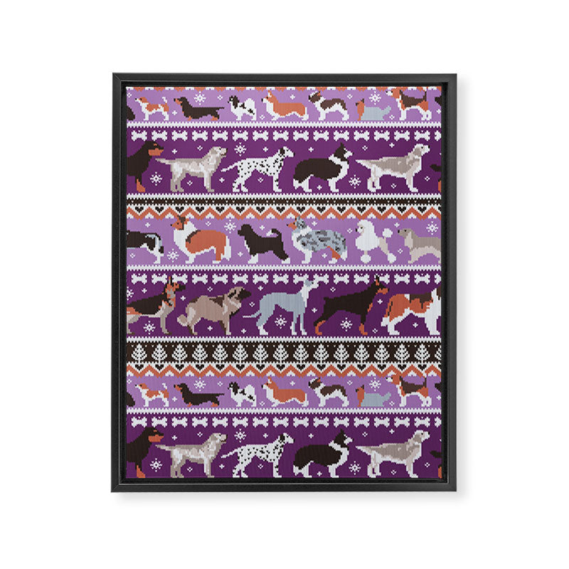 Fluffy and bright fair isle knitting doggie friends // seance purple and east side violet background brown orange white and grey dog breeds  Framed Canvas Print Gallery Image 6