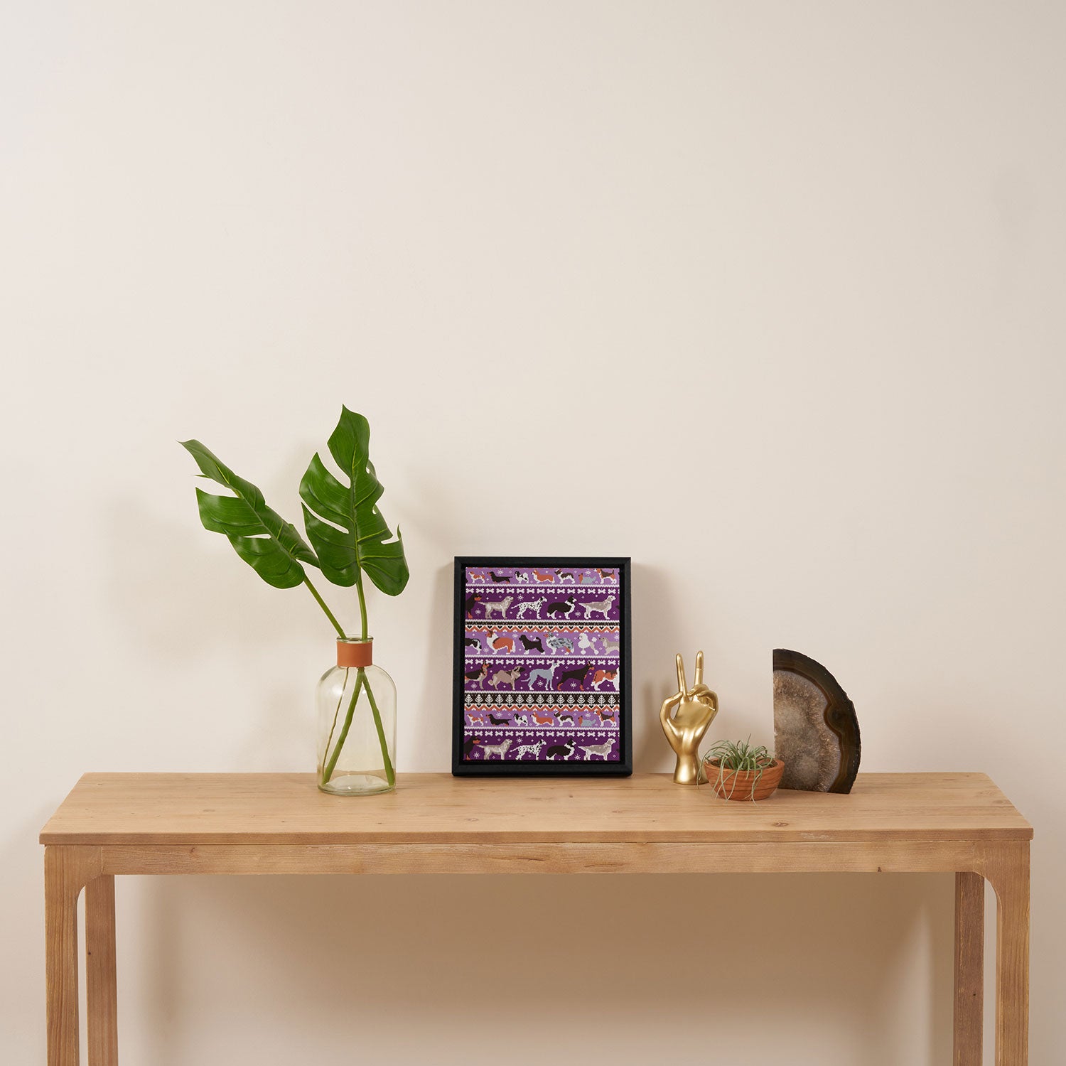 Fluffy and bright fair isle knitting doggie friends // seance purple and east side violet background brown orange white and grey dog breeds  Framed Canvas Print Gallery Image 4