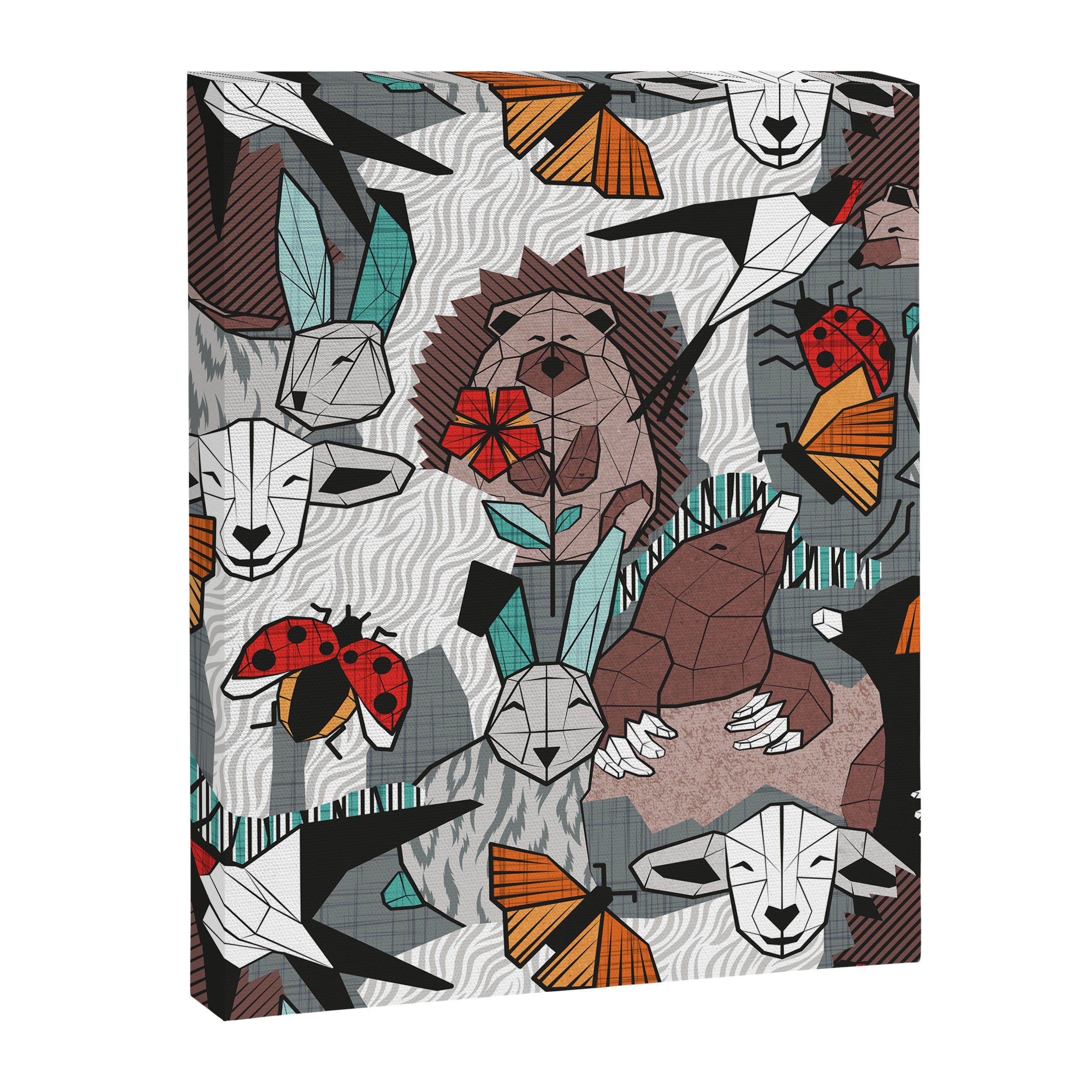 Geo spring animal party // green grey linen texture background brown aqua mint orange and neon red details Canvas Print Gallery Image 6