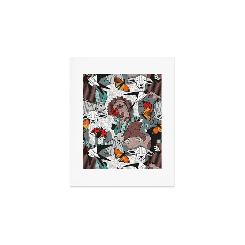 Geo spring animal party // green grey linen texture background brown aqua mint orange and neon red details Art Print Gallery Image 1