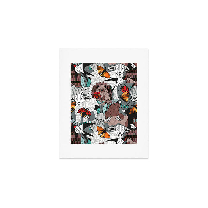 Geo spring animal party // green grey linen texture background brown aqua mint orange and neon red details Art Print Gallery Image 1