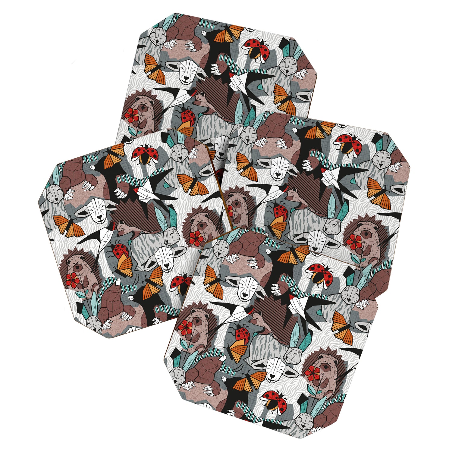 Geo spring animal party // green grey linen texture background brown aqua mint orange and neon red details Coaster Gallery Image 1