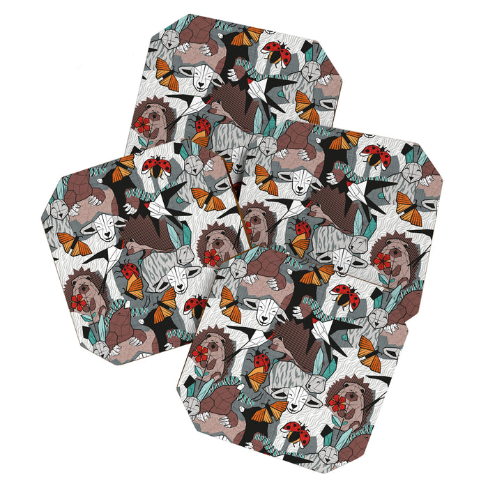 Geo spring animal party // green grey linen texture background brown aqua mint orange and neon red details Coaster Gallery Image 1