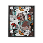 Geo spring animal party // green grey linen texture background brown aqua mint orange and neon red details Framed Canvas Print Gallery Image 6