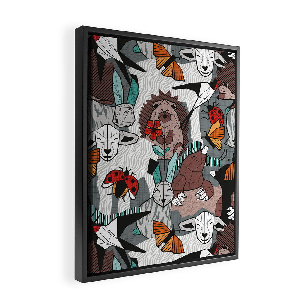Geo spring animal party // green grey linen texture background brown aqua mint orange and neon red details Framed Canvas Print Gallery Image 2