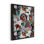 Geo spring animal party // green grey linen texture background brown aqua mint orange and neon red details Framed Canvas Print Gallery Image 2