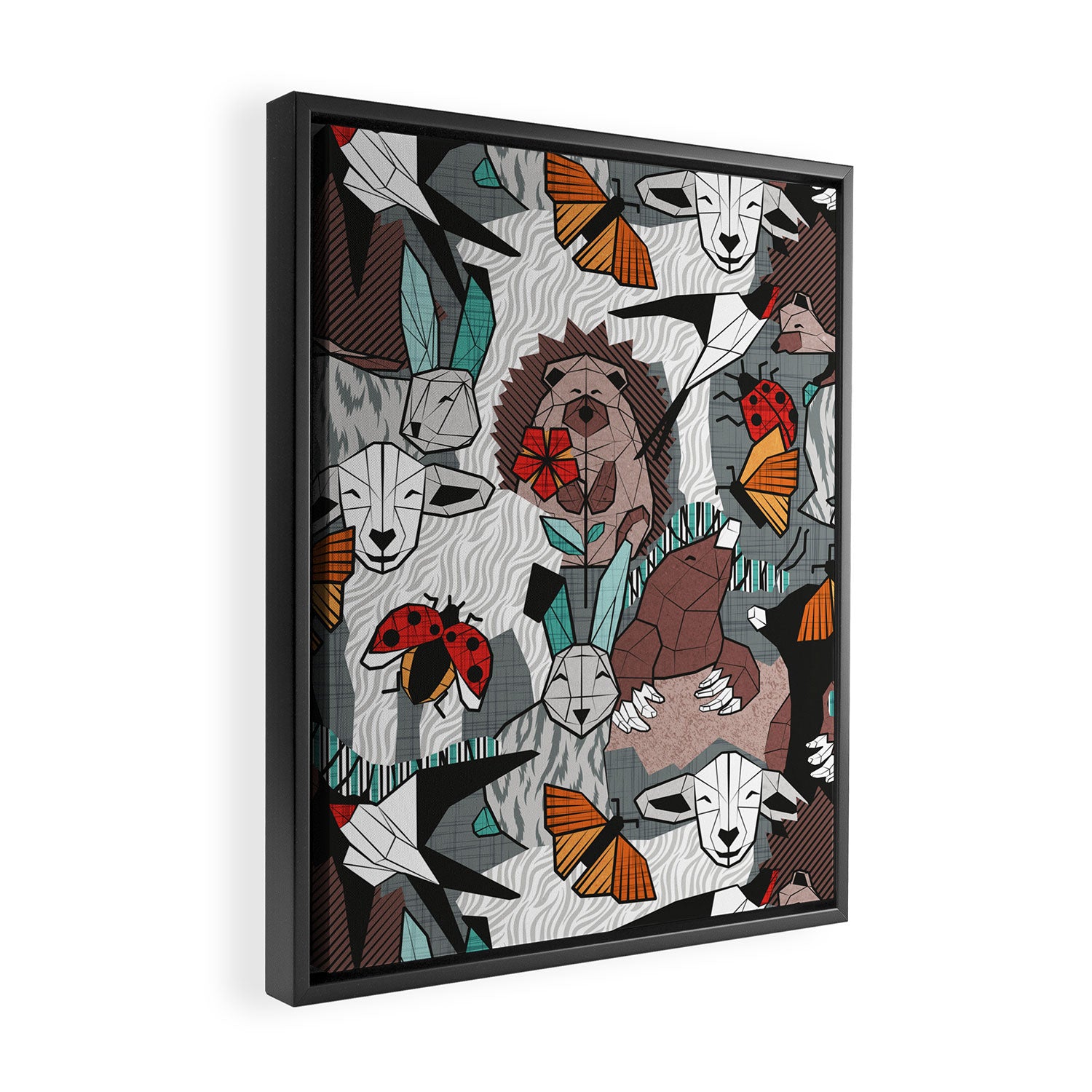 Geo spring animal party // green grey linen texture background brown aqua mint orange and neon red details Framed Canvas Print Gallery Image 2