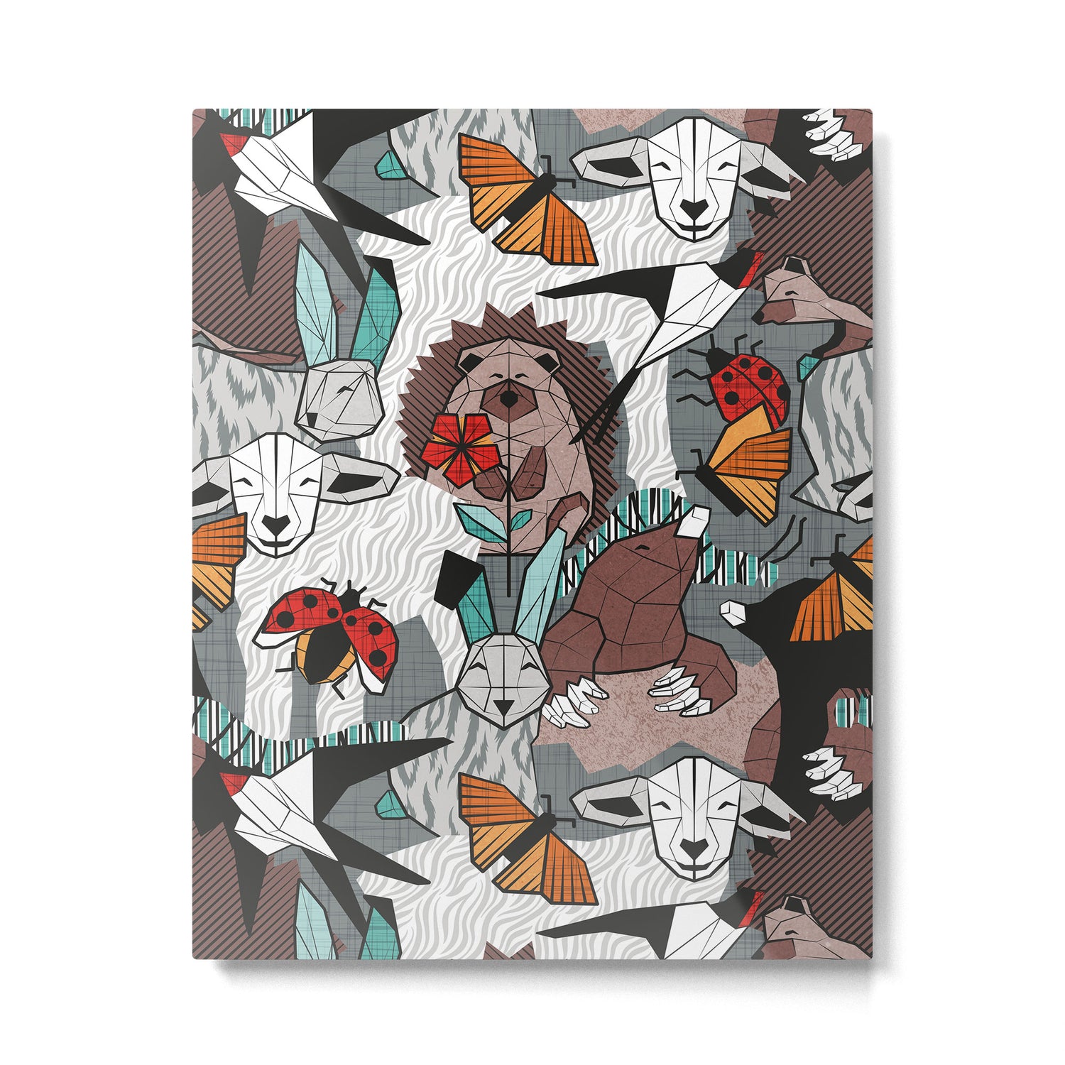 Geo spring animal party // green grey linen texture background brown aqua mint orange and neon red details Metal Print Gallery Image 4
