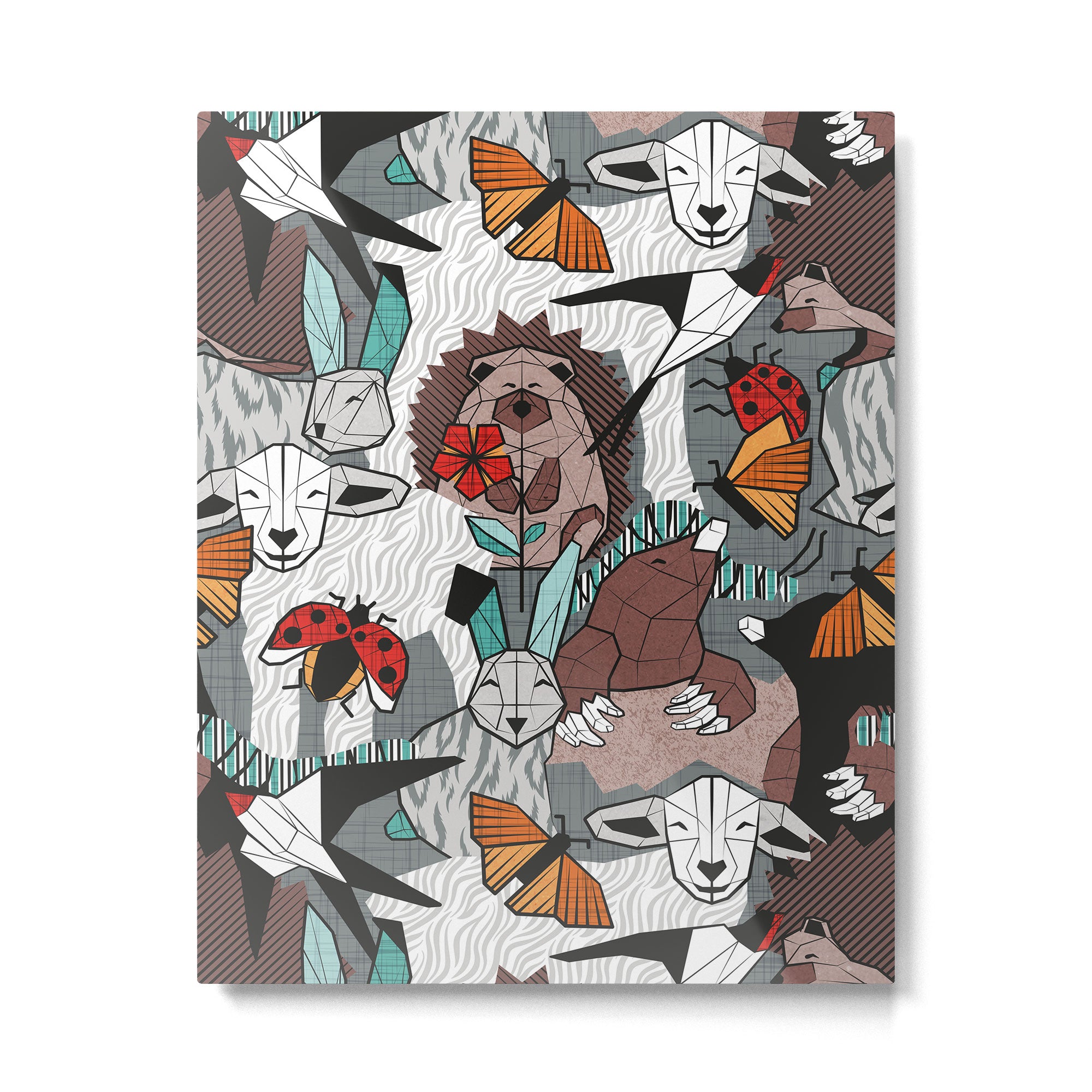 Geo spring animal party // green grey linen texture background brown aqua mint orange and neon red details Metal Print Gallery Image 4