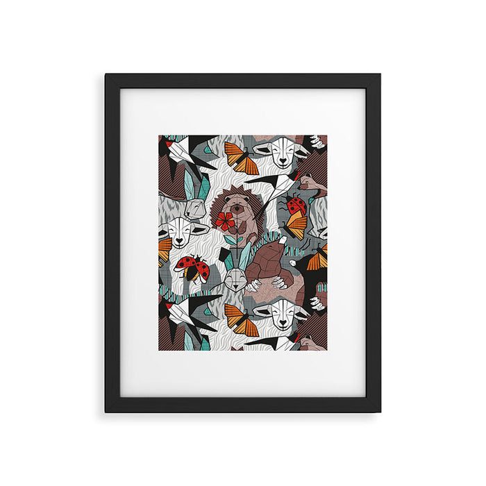 Geo spring animal party // green grey linen texture background brown aqua mint orange and neon red details Framed Art Print Gallery Image 1